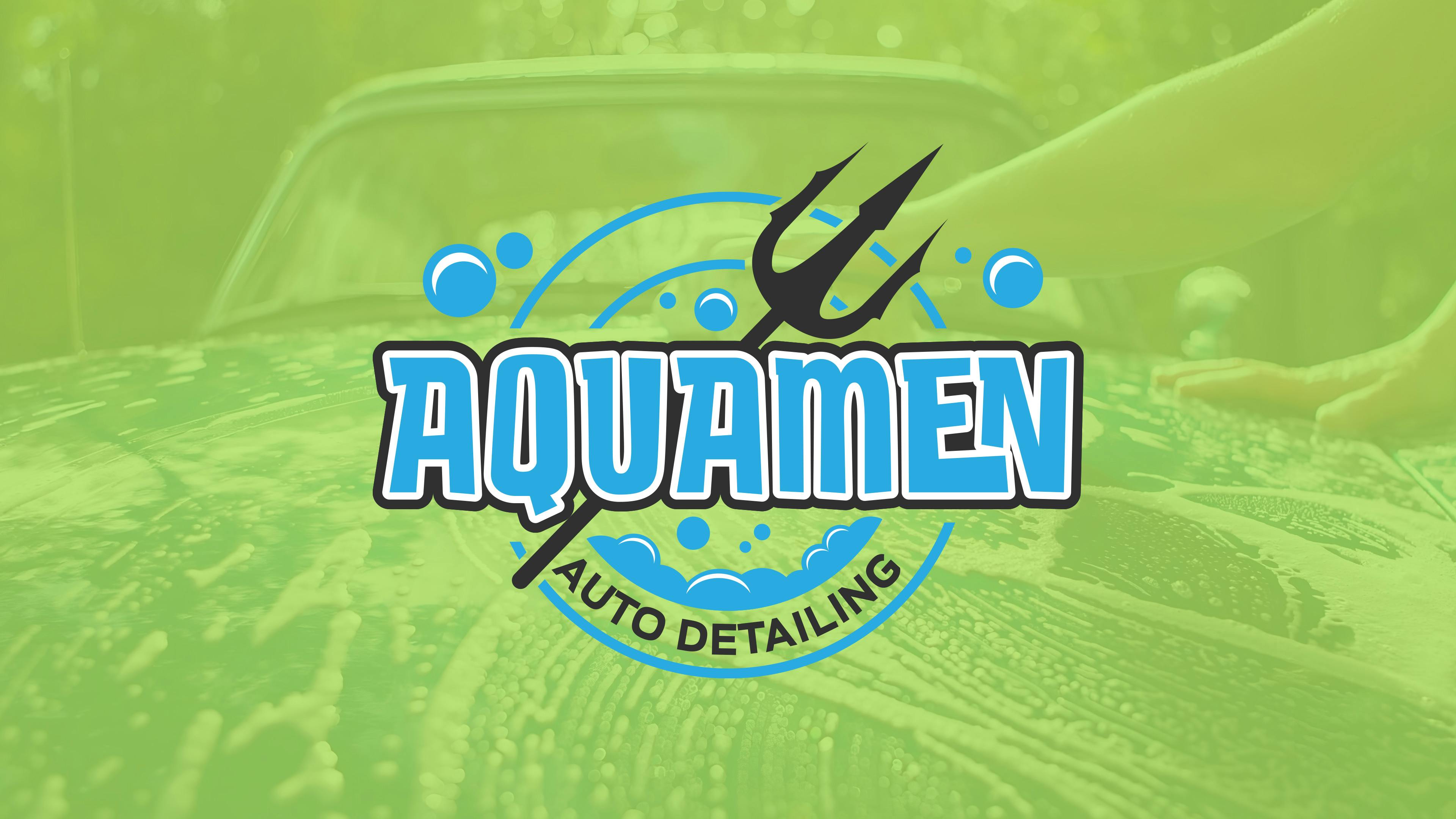 Aquamen logo in front of a light green overlay with an older car in the background covered with suds