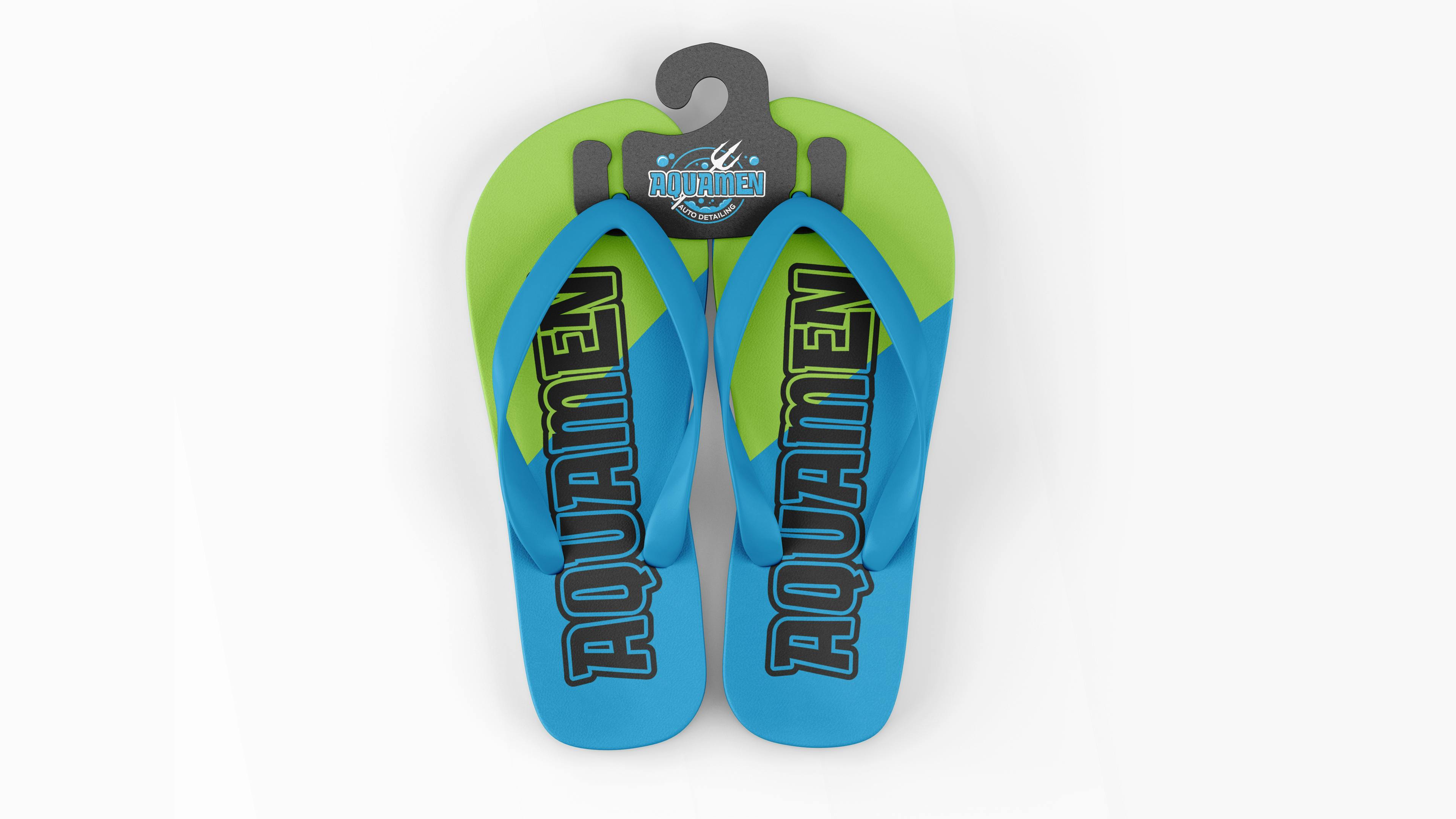 Sandals for Aquamen that are green and blue with the words "Aquamen"