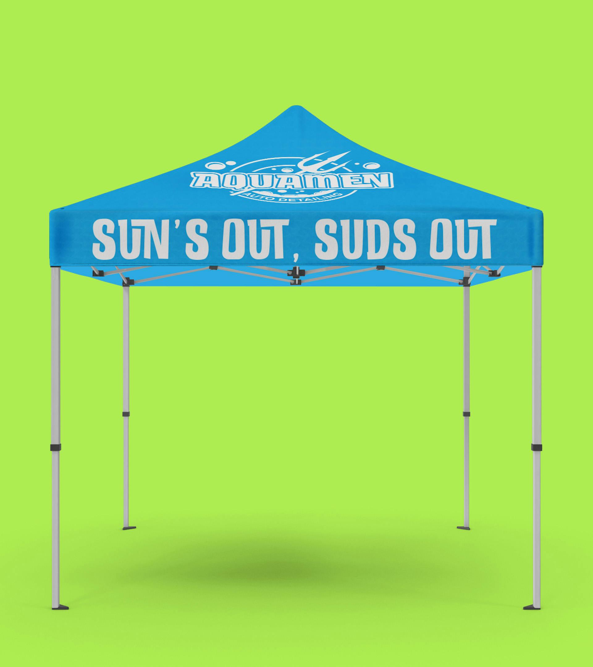 Tent for Aquamen, showing one side with the logo on the canopy and "Sun's out, Suds out" on the side