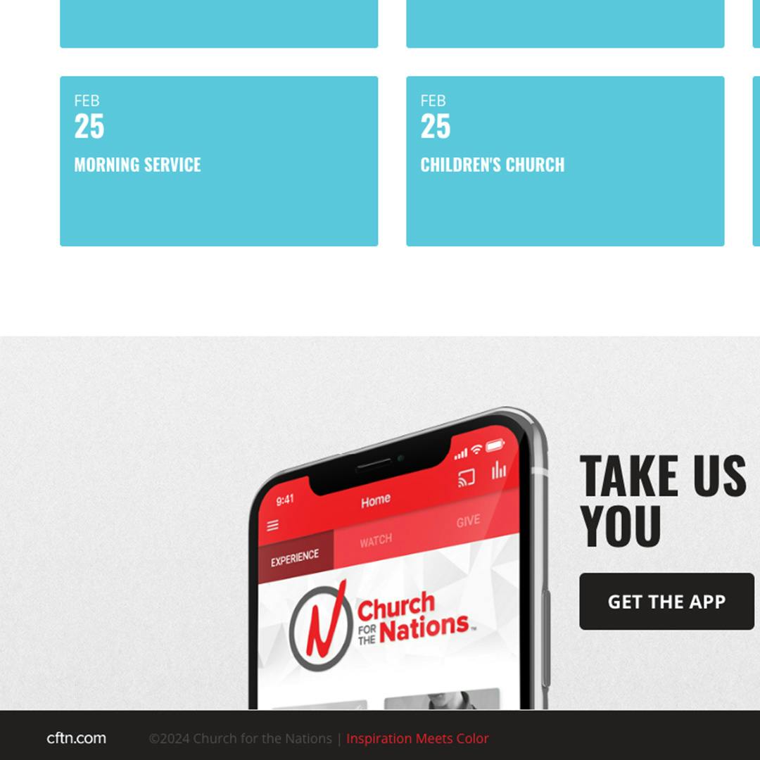 Screenshot of the CFTN website calendar with a call to action for downloading the app with a mobile phone