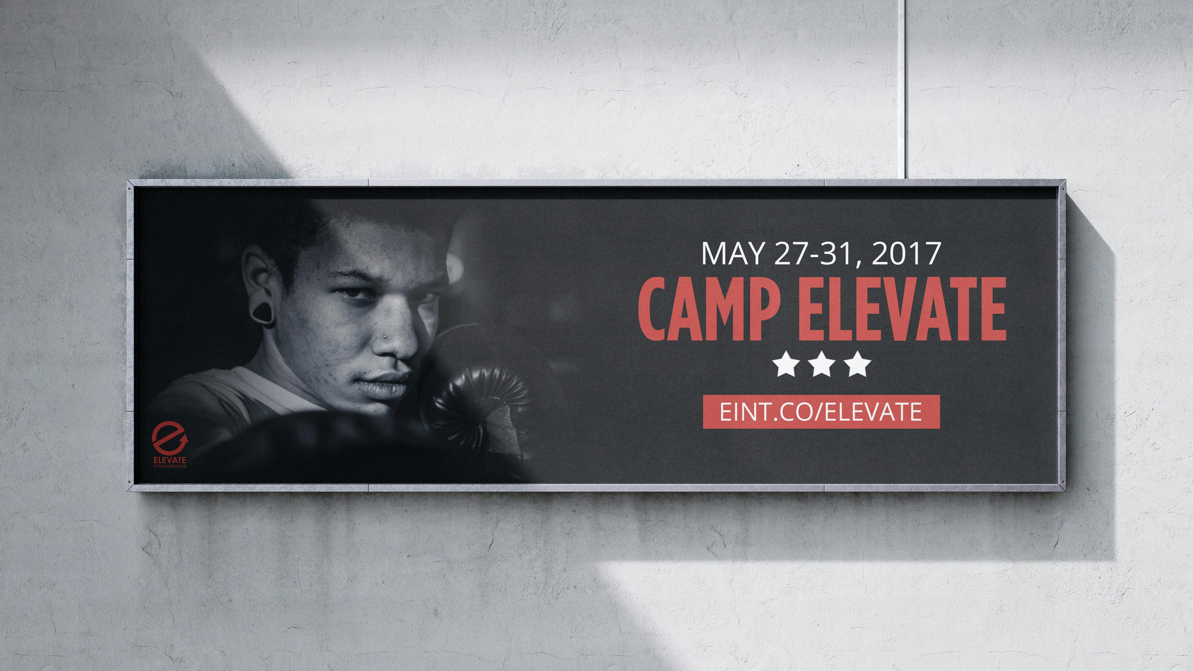 Mockup of a Camp Elevate billboard with a picture of a kid boxer with the word "May 27-31, 2017. Camp Elevate"