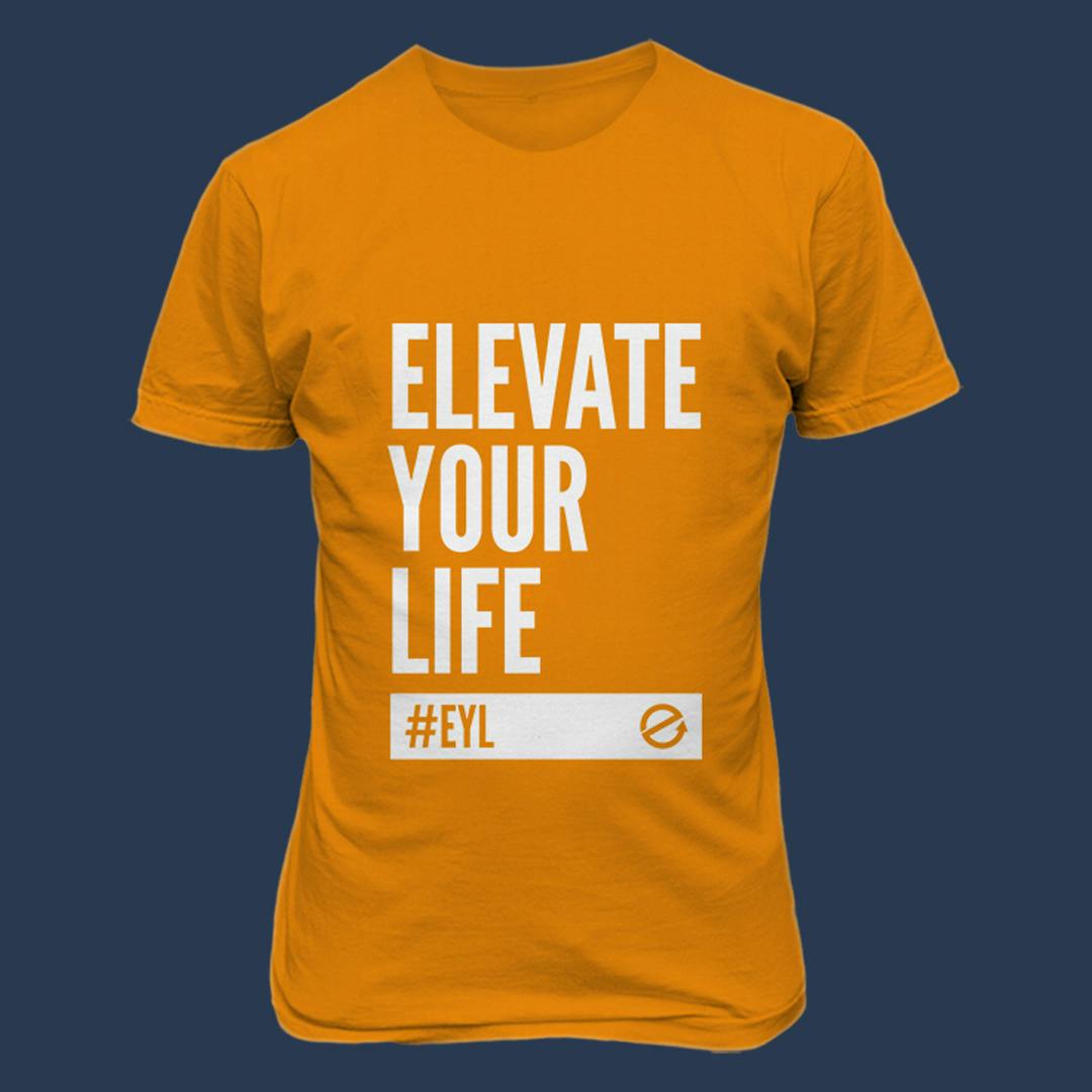 Shirt mockup of the Elevate Your Life shirt in orange
