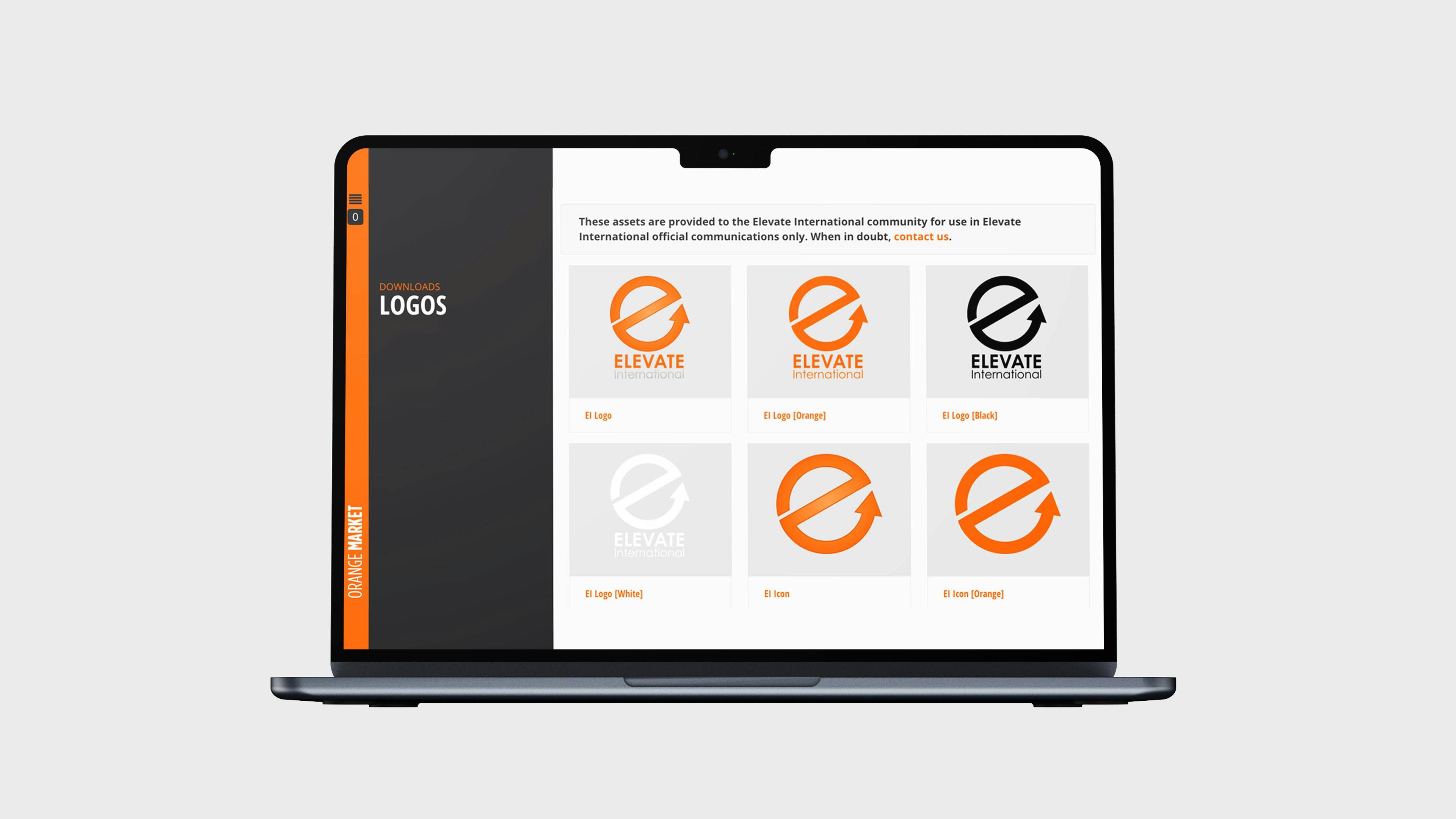 Mockup of a Macbook with the Orange Market Logos page