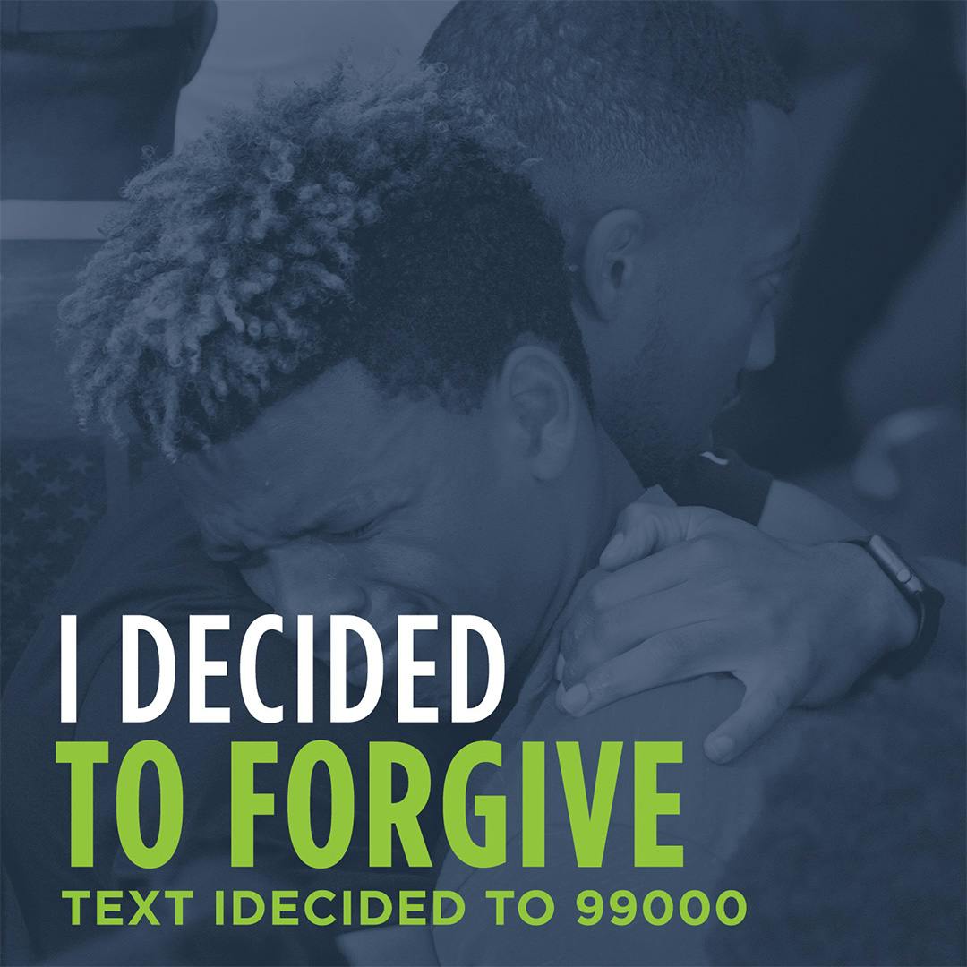 Graphic with the text "I decided to forgive" with a teenage boy crying while embracing an older man