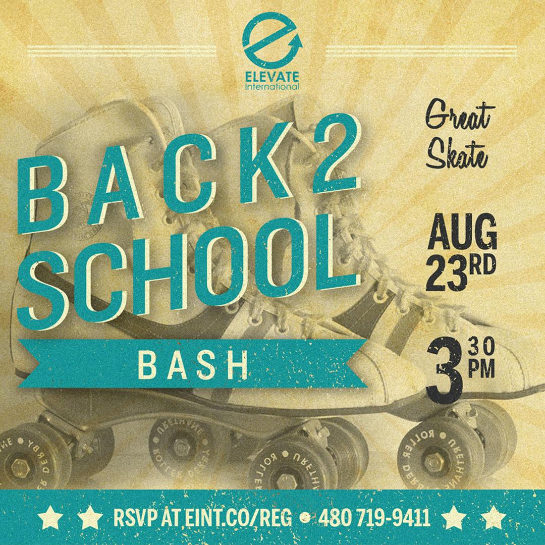 Flyer for Back 2 School Bash with the location, date, time, website, and phone number. Background is gray scaled pair of roller skates with a sunburst behind