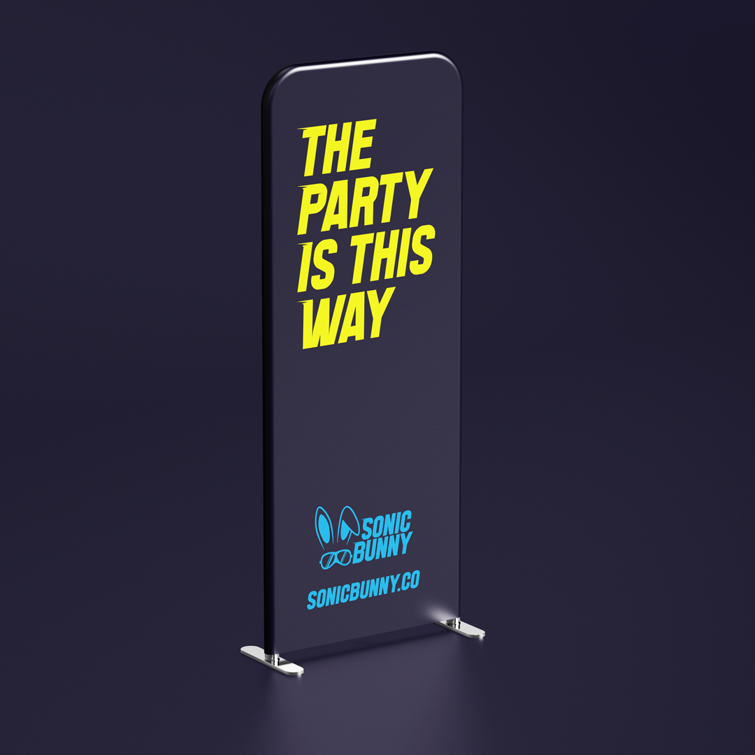 Fabric Banner for Sonic Bunny that says "The party is this way"